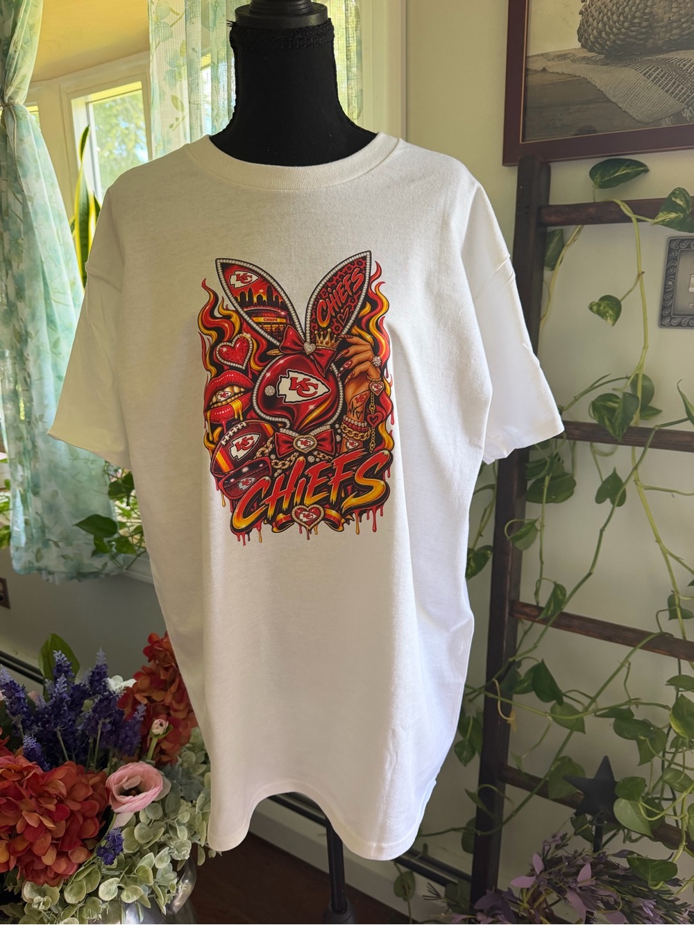 KC Chiefs White T-Shirt with Red and Yellow Graphic